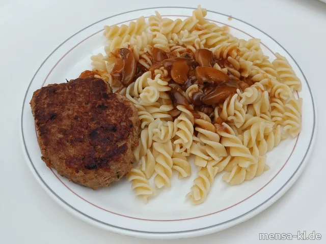 Frikadelle (Gl,Ei,R,S) "Jäger Art", High Protein Fusilli (Gl) und Salat