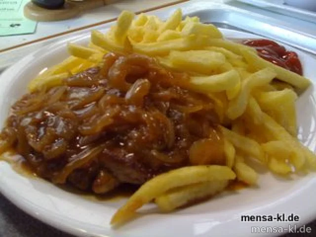 Holzfällersteak (S) mit Schmorzwiebeln und Pommes-Frites