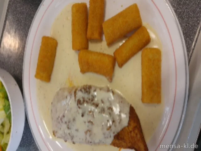 Truthahnfilet (G) mit Frischkäsekräutersoße (2,Gl,La,Gt), Kroketten (Gl) und Salat