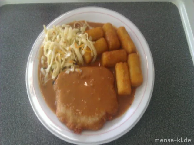 Paniertes Schweineschnitzel 'Jäger Art' (3,S), Kroketten (1) und Salat