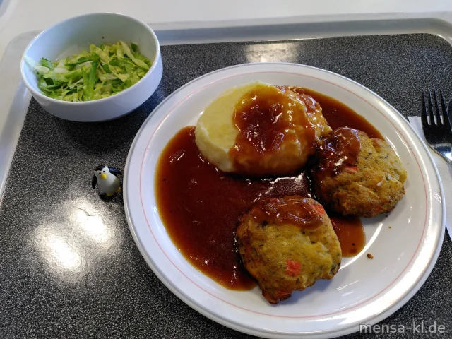 Gemüsefrikadelle mit Kürbis (Gl), Bratensoße, Kartoffelstampf (5,La,Sw) und Endiviensalat