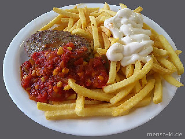 Hacksteak mit Frischkäse und Kräuter gefüllt (Gl,Ei,La,R,S,Gt), Pusztasoße (9,Sl), Pommes frites (Sf) und Salat