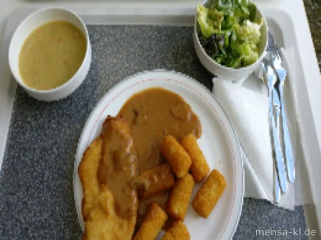 Paniertes Hähnchenbrustfilet (Gl,G) mit Champignon-Rahmsoße (Gl,La,Sf), Kroketten (Gl) und Salat
