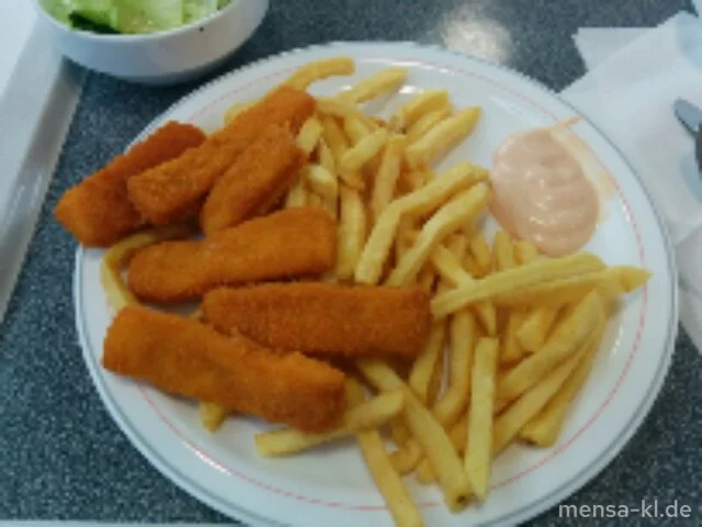 Fischstäbchen (Fi,Gl) mit Cocktail-Dip (9,Gl,Ei,La,Sl,So), Pommes frites und Salat