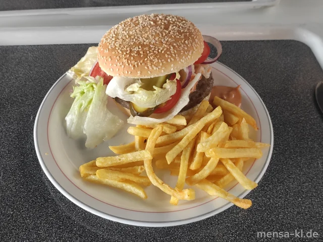 Burger mit Brötchen und verschiedenen Zutaten zum selbst belegen (1,9,Gl,Ei,Sl,Sf,Se,R), dazu Pommes frites