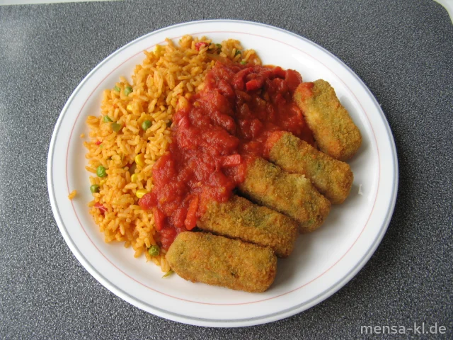 Gemüsekroketten (1,2,3,V,Lfrei,V+) mit Pusztasoße (9,V,Lfrei,V+), Djuvec-Reis (V,Lfrei,V+) und Salat (V,Lfrei,V+) | Laktosefrei | Vegan