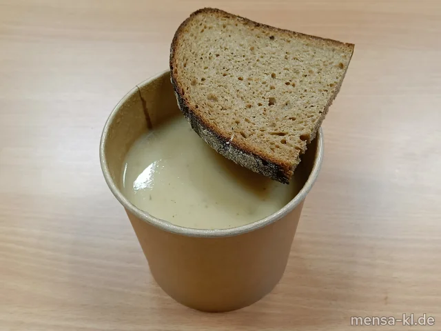 Blumenkohlcremesuppe (Gl,La,Sl), dazu eine Scheibe Bauernbrot (Gl)
