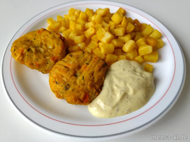 Gemüsefrikadelle Kürbis-Steckrübe mit Pommes Rissolées und Waldsenf-Dip (Gl,Nu,Sf), dazu ein Beilagensalat nach Wahl