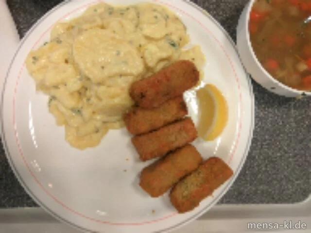 Gemüsekroketten (Gl,Sl,V), Kartoffelsalat mit Remouladendressing (1,5,9,Gl,Ei,La,Sw,Sf,So,V), Zitrone (V) und Salat (V)