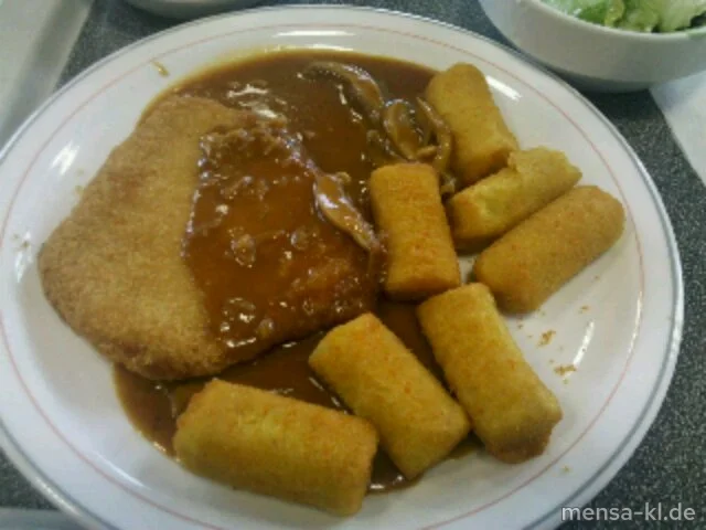 Paniertes Schnitzel (S) "Jäger Art" (3), Kroketten (1) und Salat