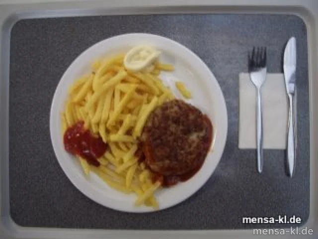 Große Curryfrikadelle (S/R/4) mit Pommes-Frites