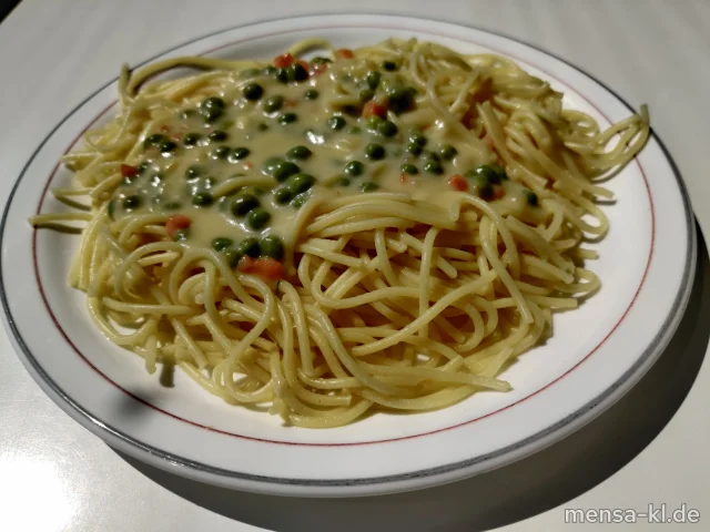 Cremige Spaghetti mit Gemüse, Chili, Erbsen und Zitrone (1,Gl,Sl,So), dazu Salat