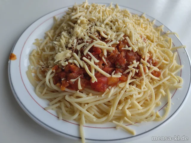 Spaghetti (1,Gl) mit Linsenbolognese (Sl) veganer Mozzarella (1,2) und Salat