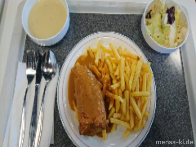 Putenbrustfilet (G) mit Rahmsoße (La), Pommes frites und Salat