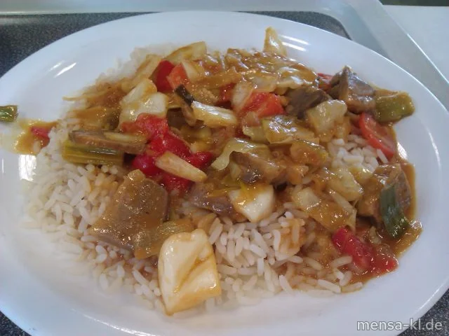 Chinesisches Gemüse "Orange-Green-Ginger" mit Entenbruststreifen, Reis