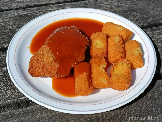 Hähnchen-Cordon-bleu mit Truthahnschinken und Käse gefüllt (1,2,Gl,La,G) mit Bratensoße (1,Gl,Sf), Kroketten (Gl) und Blumenkohl Gemüse (Gl,La)