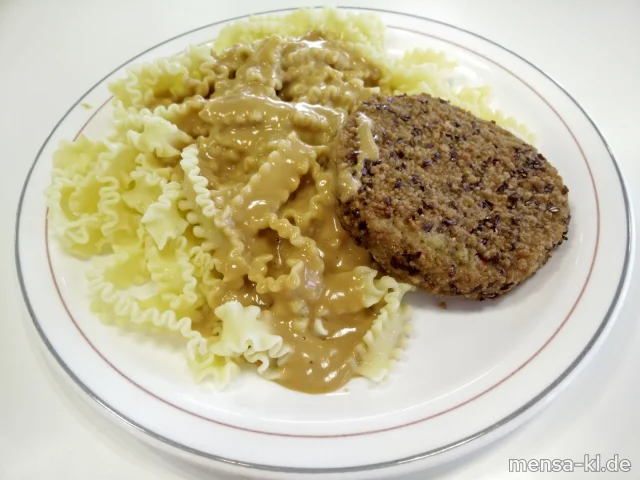 Pilzbratling (Gl,Ei,La,Sl,Se,V) mit Rahmsoße (La,V), Eiernudeln (1,Gl,Ei,V) und Salat (V)