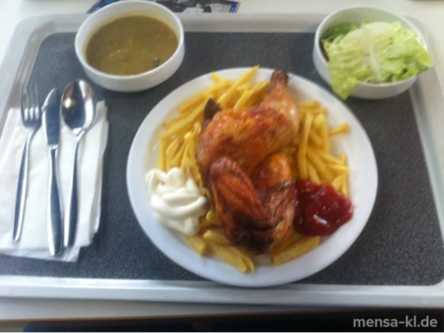 1/2 Brathähnchen (G) mit Pommes-Frites und Salat