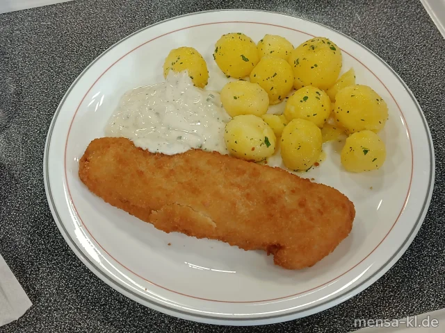 Gebackenes Seelachsfilet (Fi,Gl) mit Remoulade (9,Gl,Nu,Sf), Petersilienkartoffeln (1) und Salat