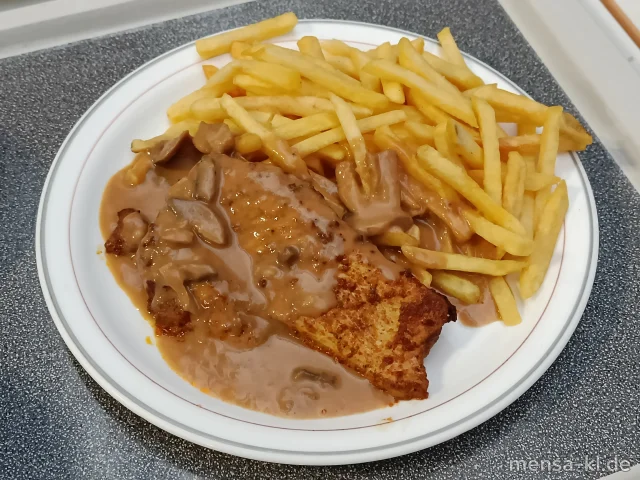 Truthahnsteak (G) mit Champignon-Rahmsoße (Gl,La), Pommes frites und Salat
