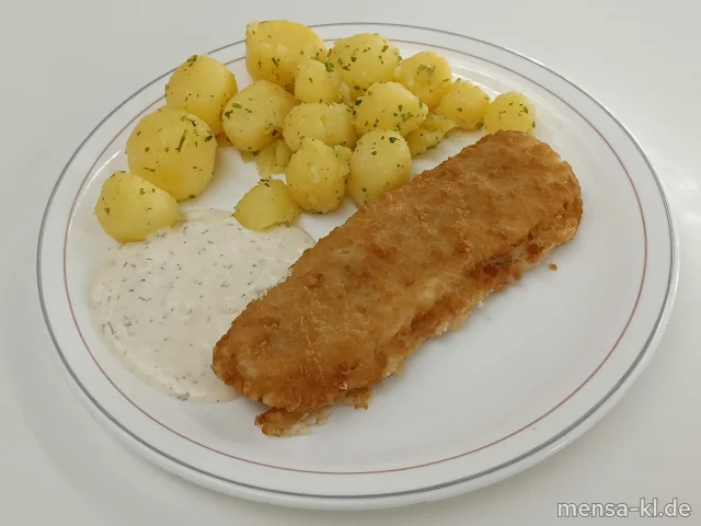 Gebackenes Seelachsfilet (Fi,Gl) mit Remoulade (1,9,Gl,Ei,La,Sf), Petersilienkartoffeln (1,Gl) und Salat (Gl)