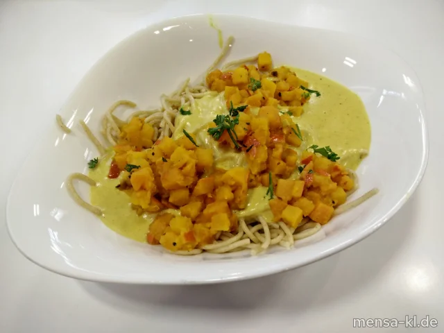 Prima Pasta: Vollkornspaghetti (Gl,V,V+) mit Kürbis (V,V+) in Kokos-Currysoße (Gl,Sf,So,V,V+) | Vegan