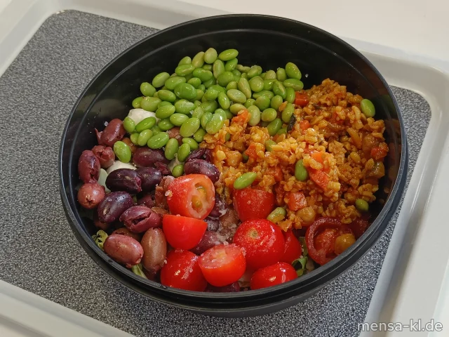 Caprese Fusion - Mozzarella, Oliven, Kirschtomaten, Bulgursalat, Edamame, Blattsalat &amp; French-Dip (Gl,Ei,La,Sf,So)