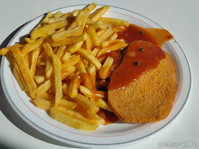 Veganes Schnitzel Wiener Art (Gl,So) mit Pfeffersoße, Pommes frites und Karotten-Zucchinisalat (1,5,Sw,Sf)