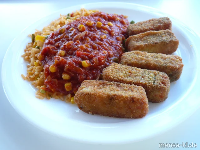 Gemüsekroketten (V) mit Pusztasoße (9,V), Djuvec-Reis (V) und Salat (V)
