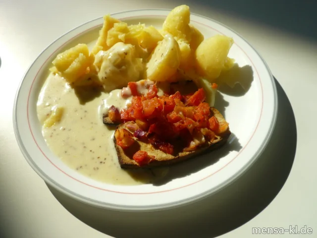 Geräucherter Tofu "Provencial" (Gl,So,V) mit Dijonsenf-Soße (5,Ei,La,Sw,Sf,A,V), Dampfkartoffeln (1,5,Sw,V) und Salat (V)