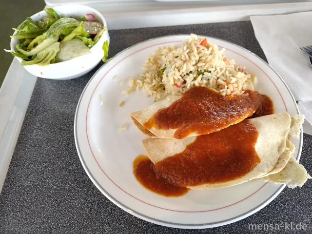 Enchilada gefüllt mit Kartoffeln, Broccoli und Karotten (1,2,Gl,Sf,So), dazu Salsa (4), Reis und Salat