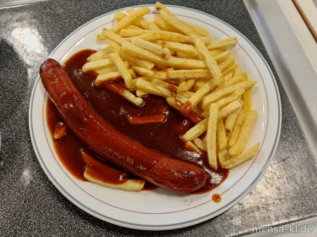 Rindswurst (1,2,3,8,9,Sf,R) mit Currysoße (Sf), Pommes frites und Salat