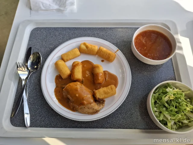 Hähnchenbrustfilet (G) mit Paprikarahmsoße (La,R). Kroketten (Gl), dazu Salat (1,Sl)