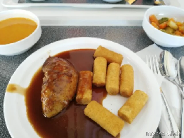 Putenbrustfilet (G) mit Trüffeljus (3,5,La,Sw,A,R,G), Kroketten (Gl) und Wintergemüse (Gl,La)