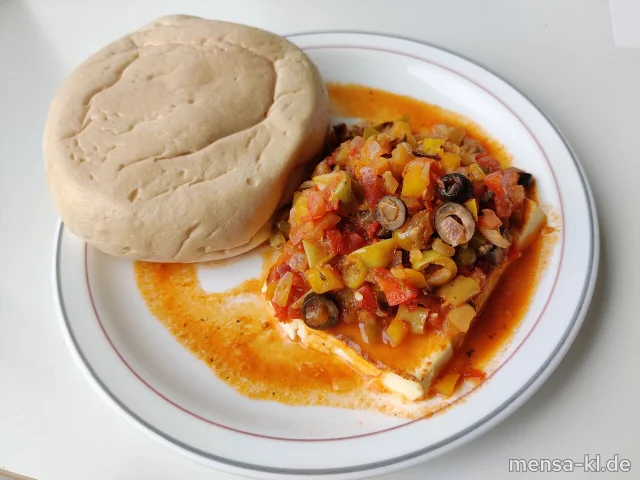 Gebackener Schafskäse mit Paprika, Oliven und Peperoni (3,6,La,V), dazu Dönerbrot (Gl,Se,V) und Salat (V)