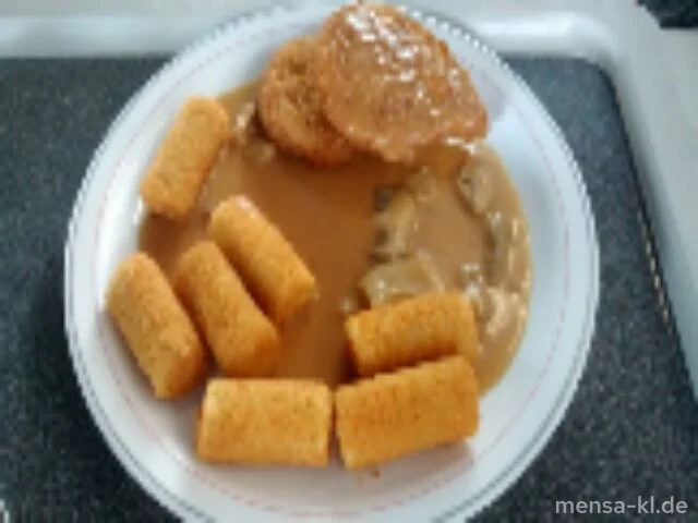 Schnitzel "Valess" (V) mit Champignon-Rahmsoße (3,V,A), Kroketten (1,V) und Salat (V)