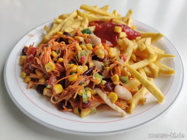 Bunter Gemüsesalat (1,3,5,Sw,Sf) mit Pommes frites und Salat