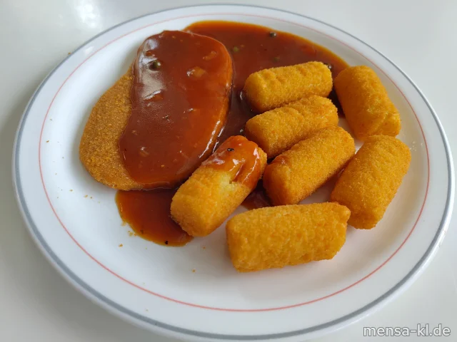 Veganes Schnitzel Wiener Art (Gl) mit Pfeffersoße (Gl,Sf), Kroketten (Gl) und Erbsen-Karotten-Gemüse (Gl)