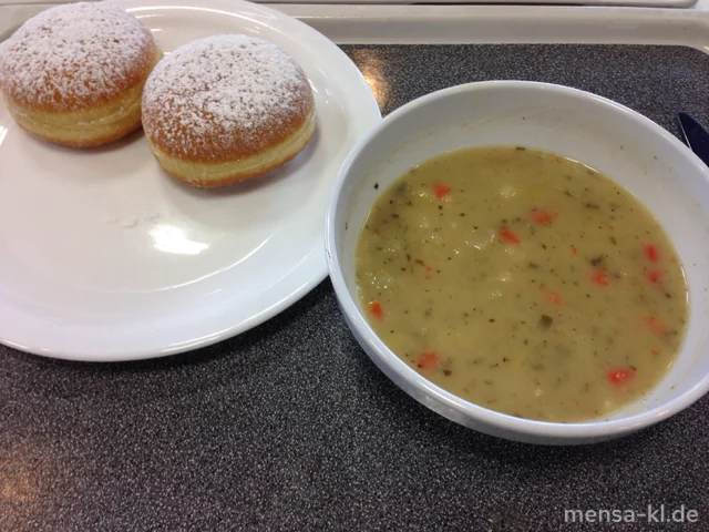 Pfälzer Grumbeersuppe (5,La,Sw,Sl,V), dazu zwei gefüllte Fasnachtskiechle (Gl,Ei,La,V)