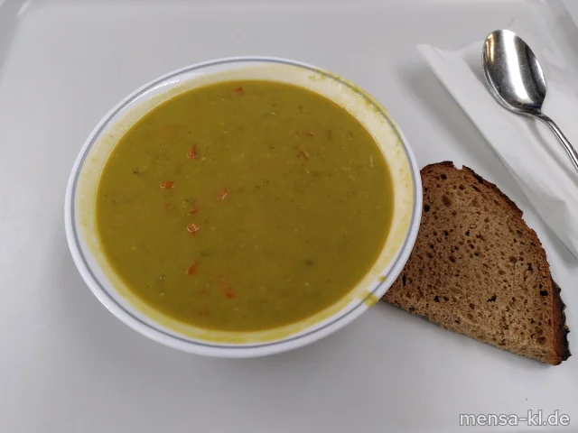 Veganer Erbseneintopf (Gl,Sl), dazu eine Scheibe Brot (Gl)
