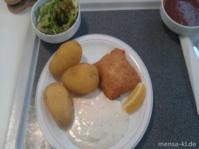 Paniertes Hokifilet (F) mit Remouladen-Dip (1), "PELLISSIMO" und Salat (aus nachhaltiger Fischerei)