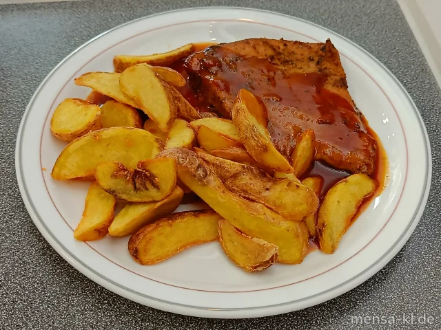Truthahnsteak Down Under (G) mit Honig-BBQ-Soße (1,Sl,Sf) und Pommes-Wedges, dazu einen Beilagensalat nach Wahl