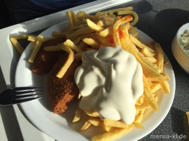 Hirse-Käse-Schnitte (Gl,Ei,La,Sl,V) mit Ajvar-Dip (V), Pommes frites (V) und Krautsalat (1,5,9,Gl,Ei,Sw,So,V)