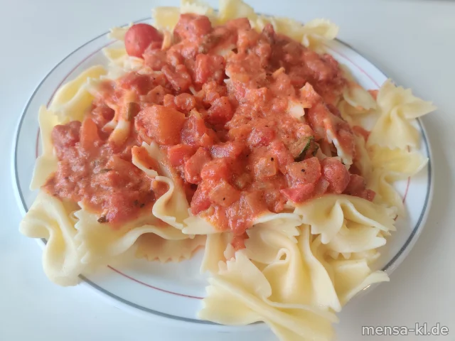 Zitronen-Farfalle mit glasierten Tomaten und Rucola (Gl), dazu einen Beilagensalat nach Wahl