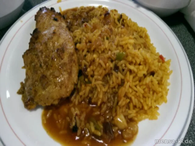 Putenbrustfilet (G,Lfrei) mit Ras el-Hanout-Soße (Lfrei), orientalischem Reis (Lfrei) und Salat (Lfrei)