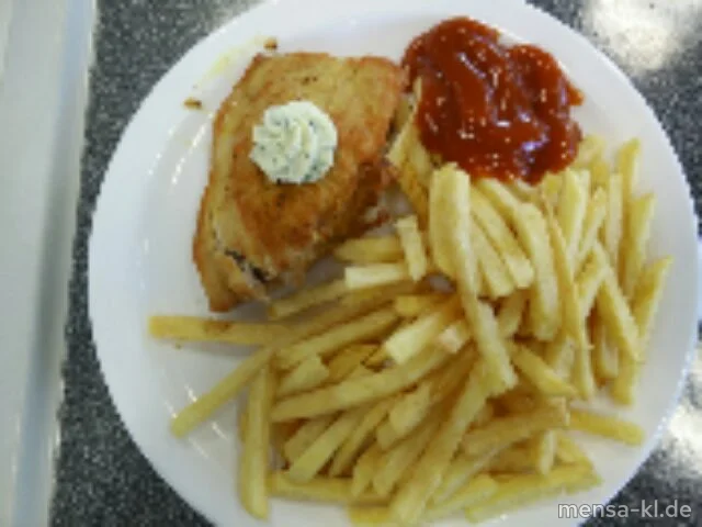 Truthahnsteak (Gl,G) mit Kräuterbutter (La), Pommes frites und Salat
