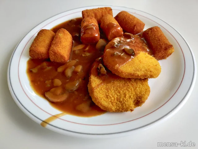"Valess"-Schnitzel (Gl,Ei,La,V) "Jäger Art" (V) mit Kroketten (Gl,V) und Salat (V)