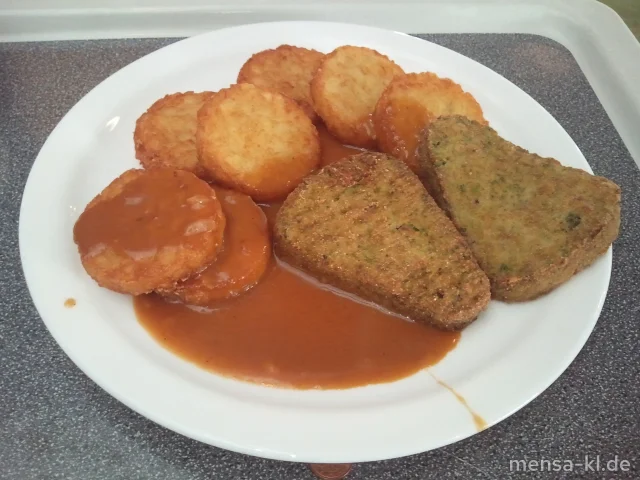 Broccoli-Nussecke (2,V), mit Rahmsoße (V), Röstinchen (V) und Salat (V)