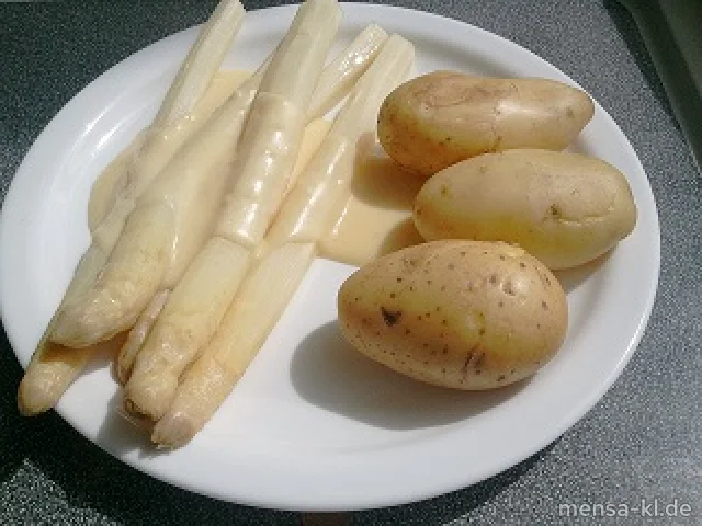 Frischer Pfälzer Stangenspargel (V) mit Sauce Hollandaise (V), neuen Kartoffeln (V) und Salat (V)