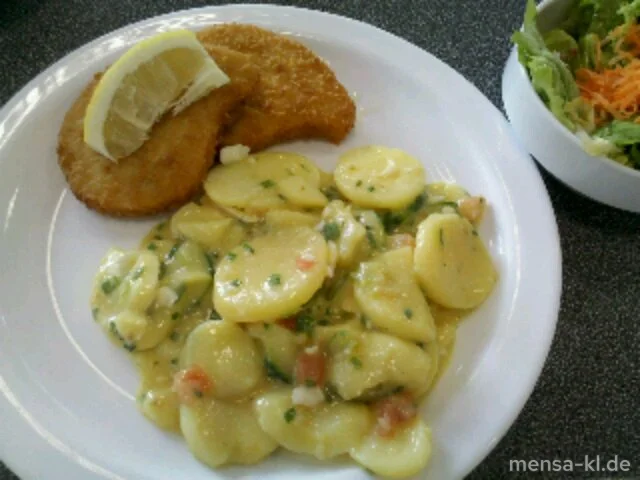 Schnitzel "Valess" (V) mit Pommes-Frites (V) und Salat (V)